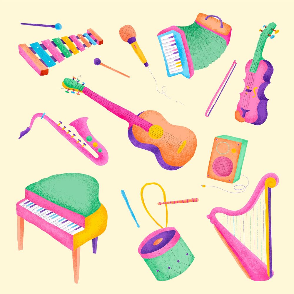 Colorful musical instruments sticker vector flat graphic set