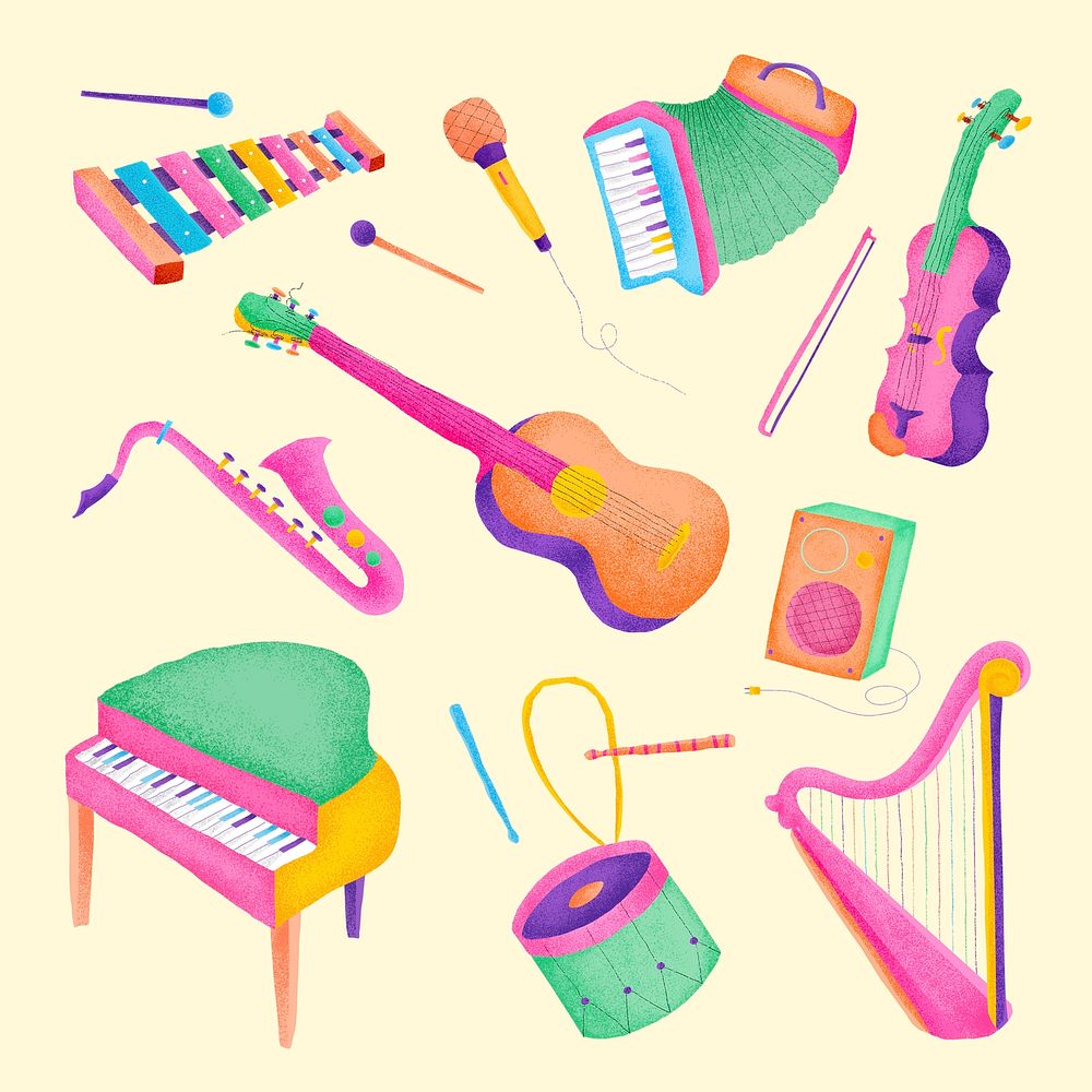 Colorful musical instruments sticker psd flat graphic set