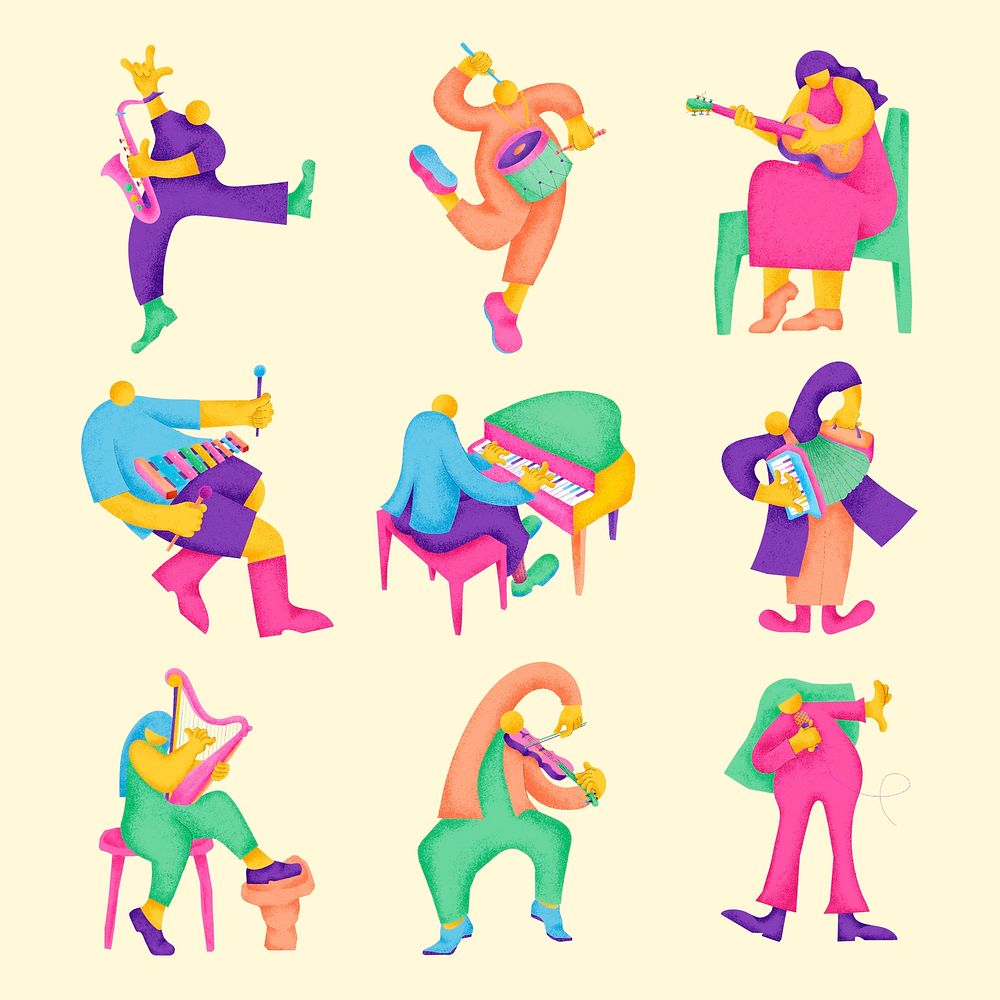 Colorful classical musicians sticker vector flat graphic set