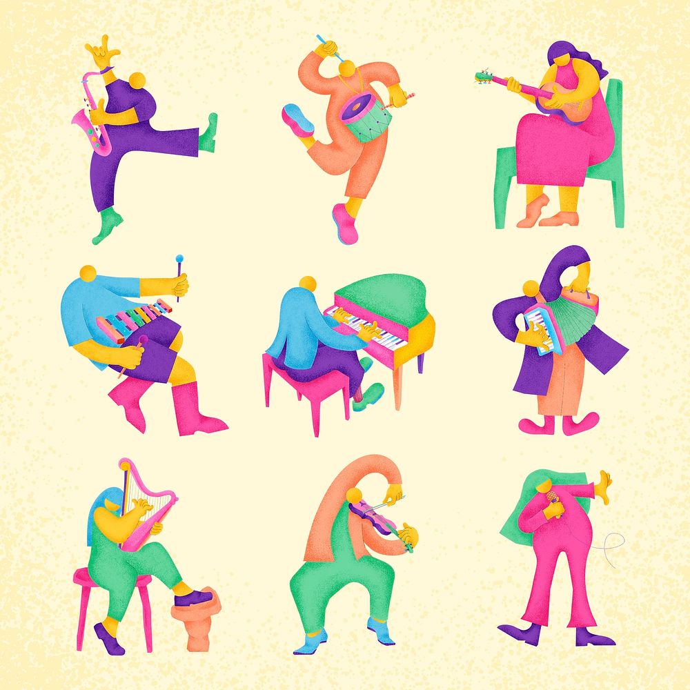 Colorful classical musicians sticker psd flat graphic set