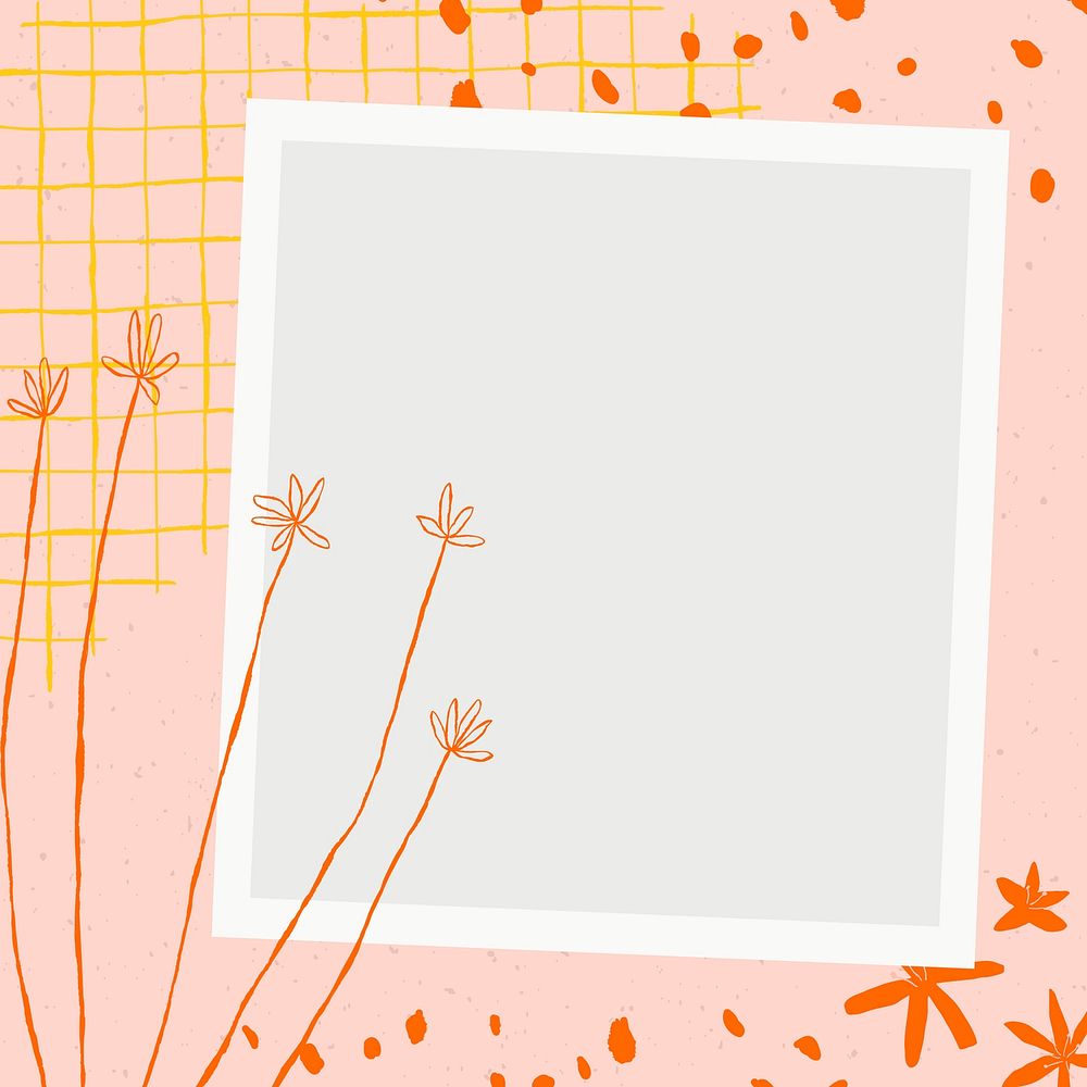 Floral picture frame psd with flower doodles on pink aesthetic background