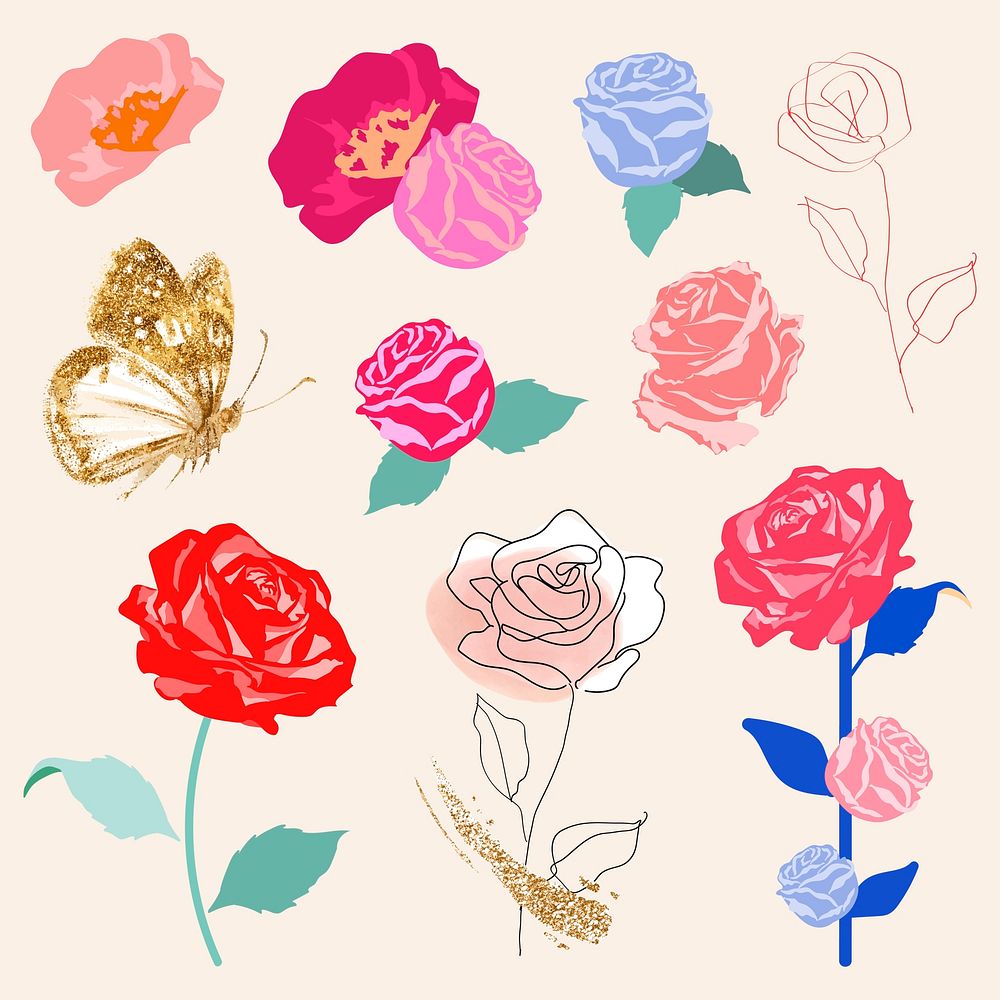 Colorful roses floral sticker vector set