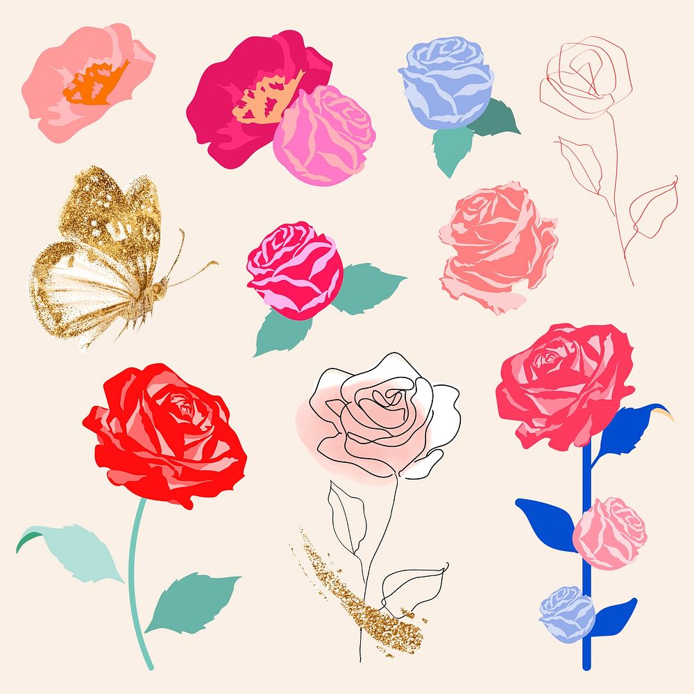 Colorful roses floral sticker psd set