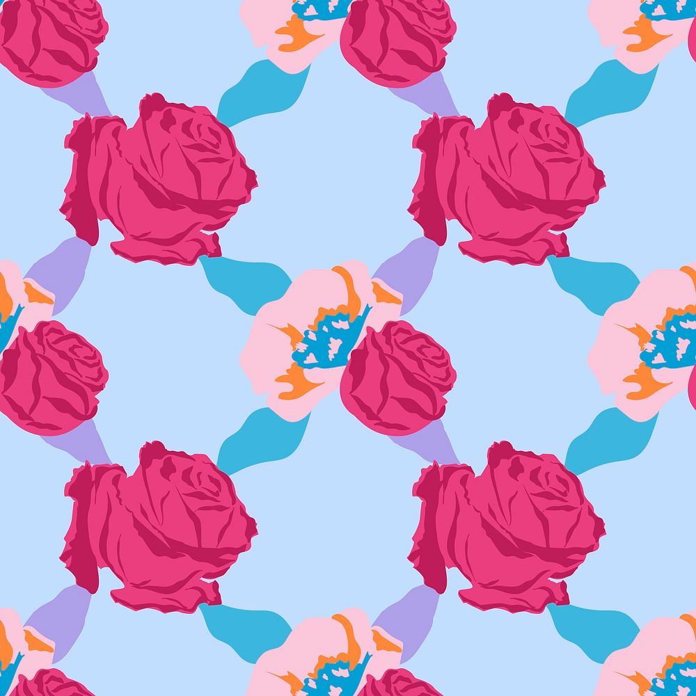 Pink cute floral pattern psd with roses blue background