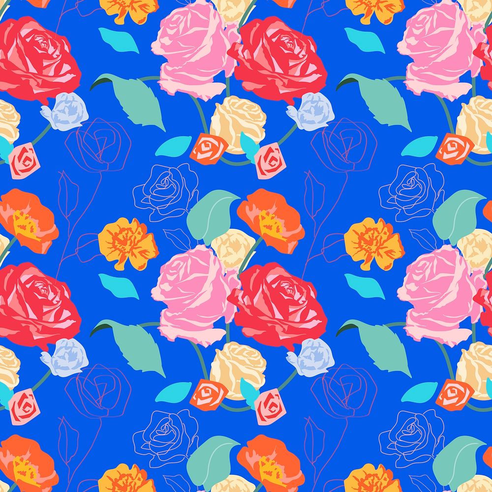 Pink aesthetic floral pattern psd with roses blue background
