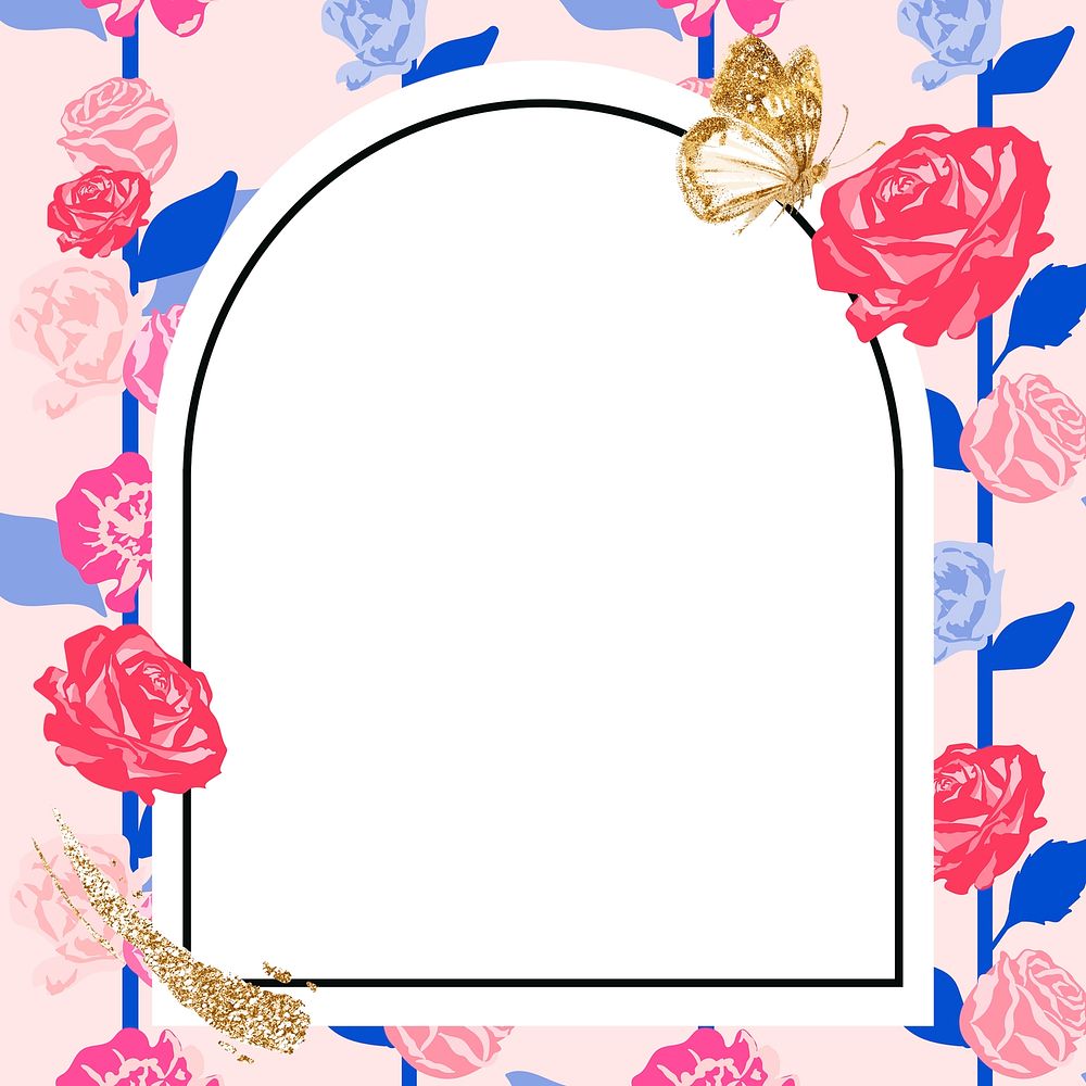 Feminine floral arched frame psd with pink roses on white background