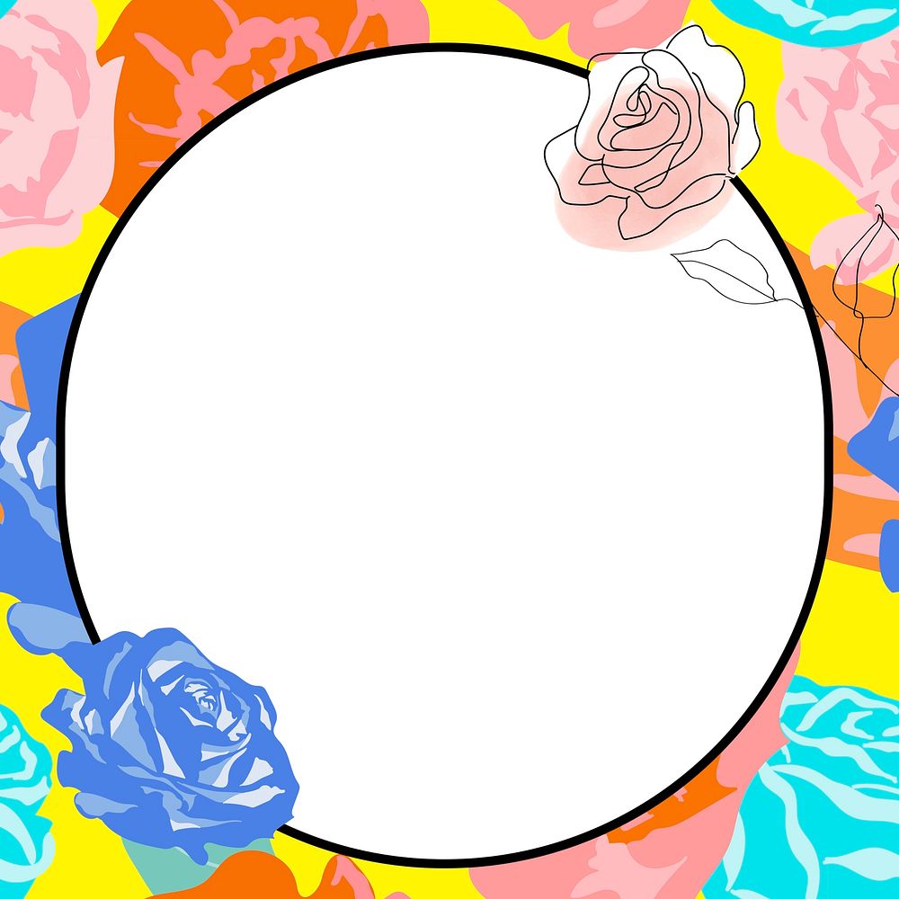 Spring floral circle frame psd with colorful roses on white background