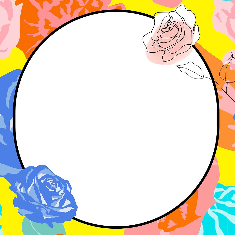 Spring floral circle frame vector with colorful roses on white background