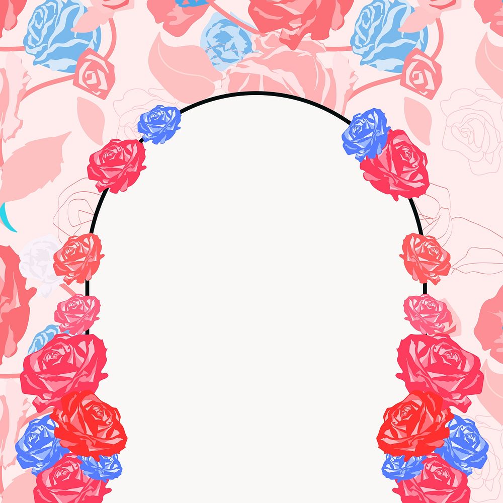 Cute floral arched frame vector with pink roses on white background