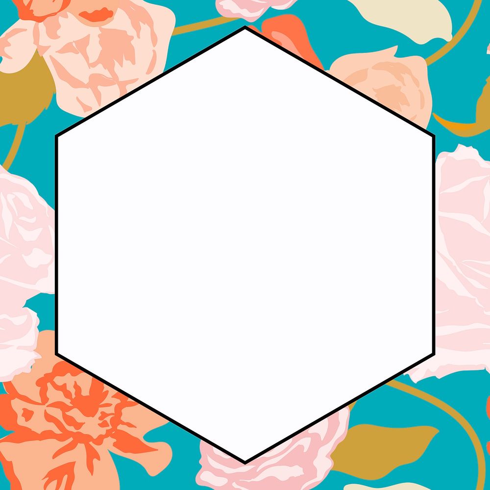 Spring floral hexagon frame with pastel roses on white background
