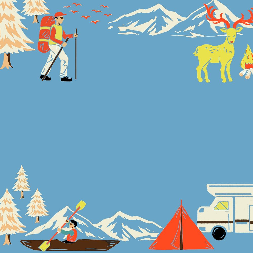 Camping trip frame psd with tourist cartoon illustration