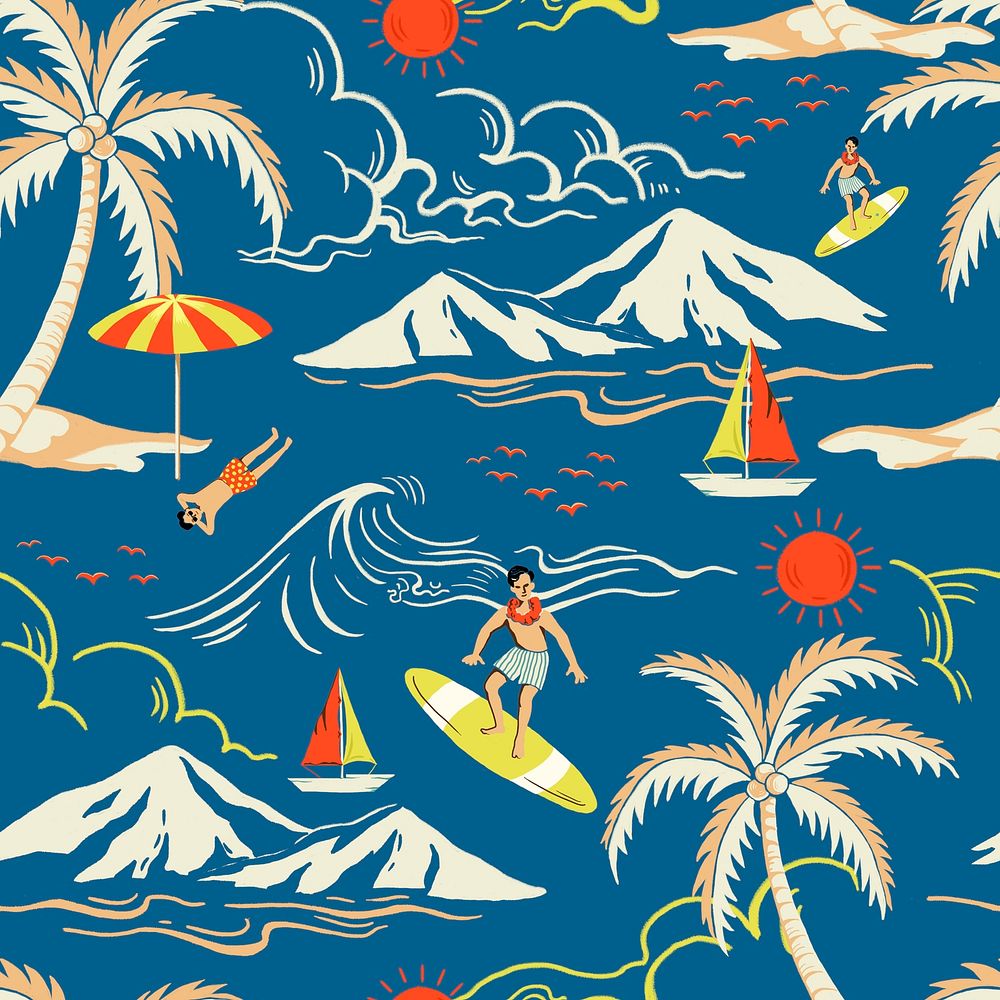 Blue tropical island pattern psd with tourist cartoon illustration