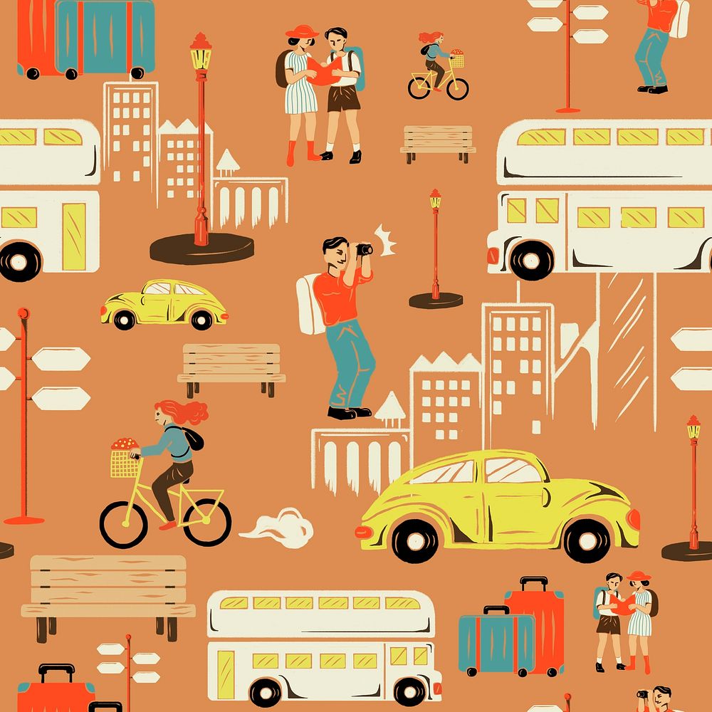 Orange city tour pattern psd with tourist cartoon illustration