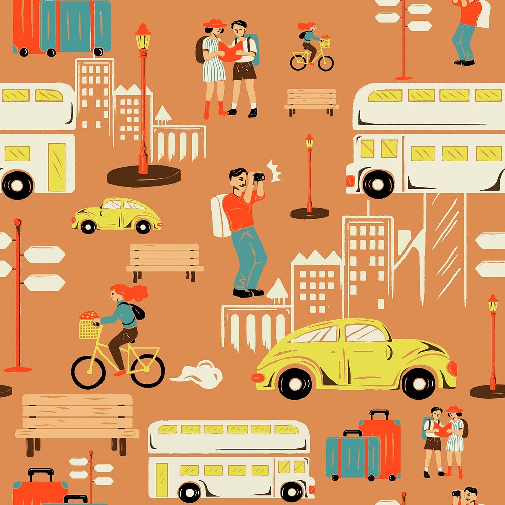 Orange city tour pattern vector with tourist cartoon illustration
