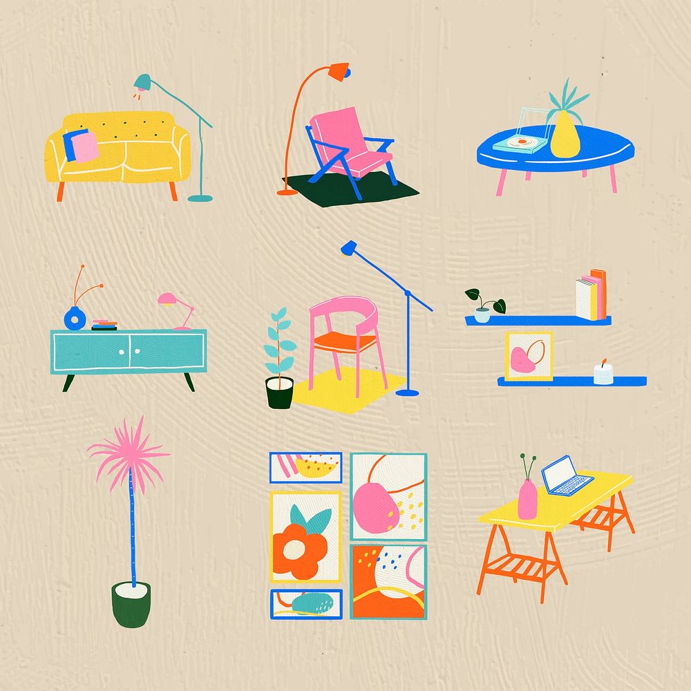 Hand drawn furniture vector home decor in colorful flat graphic style set