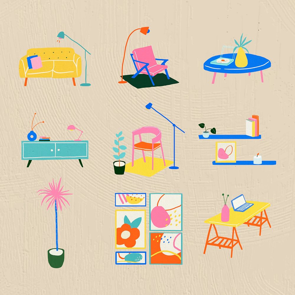 Hand drawn furniture psd home decor in colorful flat graphic style set