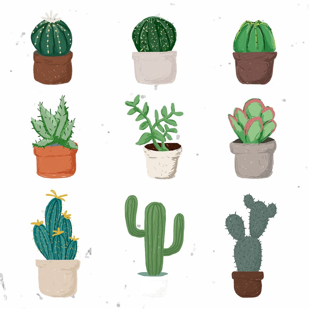 Cute potted plant element psd set succulent plants in hand drawn style
