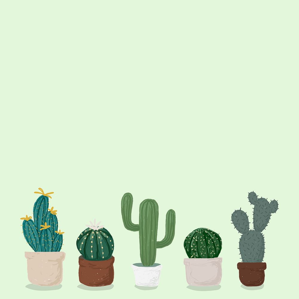 Cactus pot green background psd cute hand drawn style