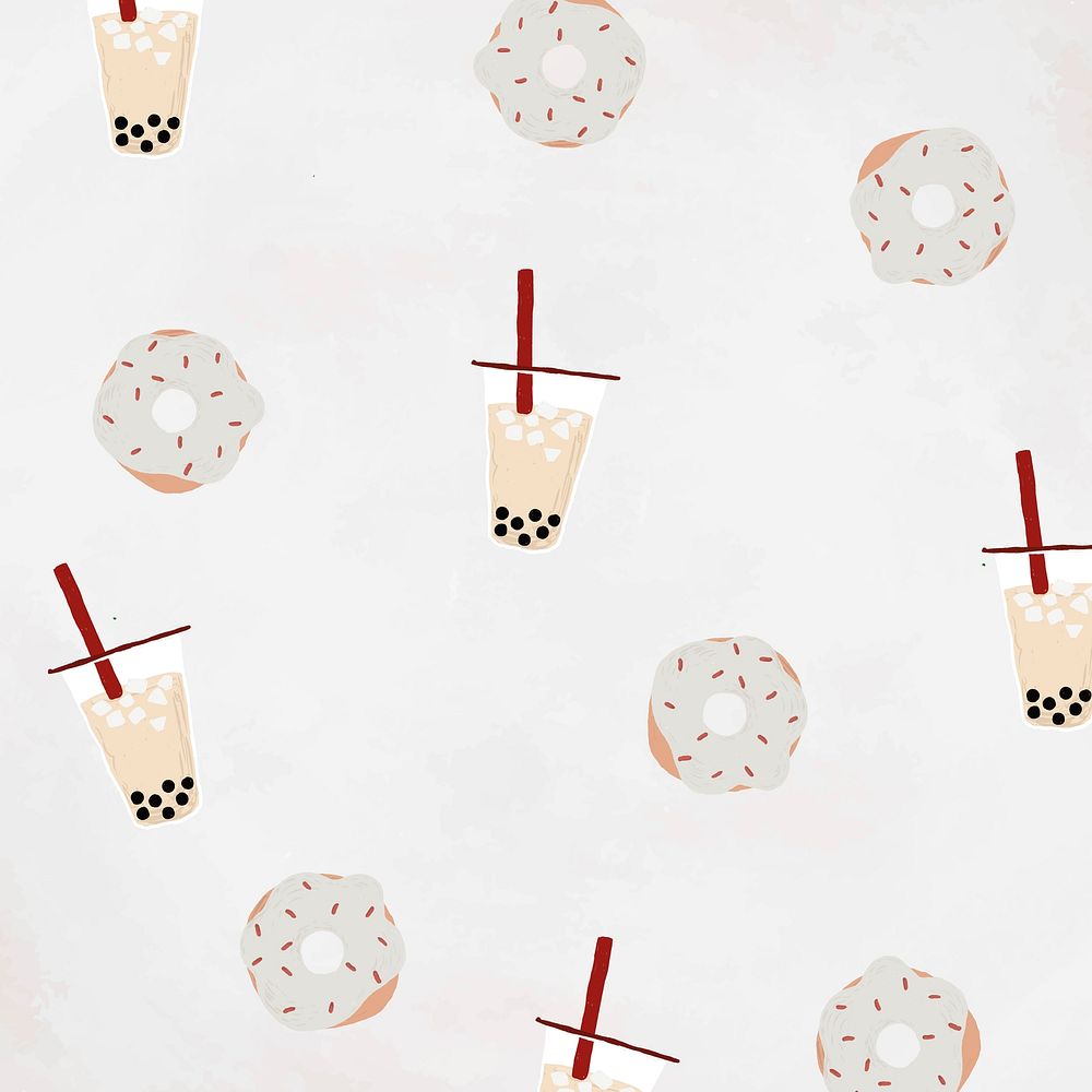 Boba tea patterned background psd with white sprinkle donut cute hand drawn style