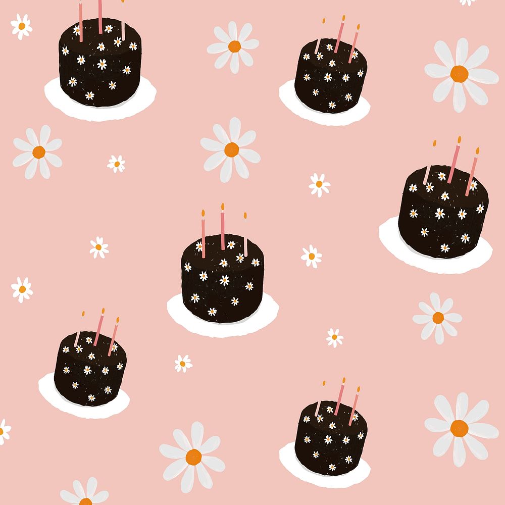 Birthday cake patterned background vector with daisy flowers cute hand drawn style