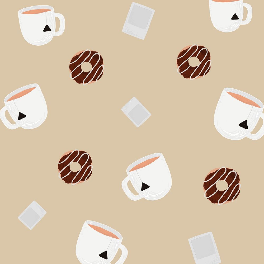 Tea cup patterned background psd with chocolate donut cute hand drawn style