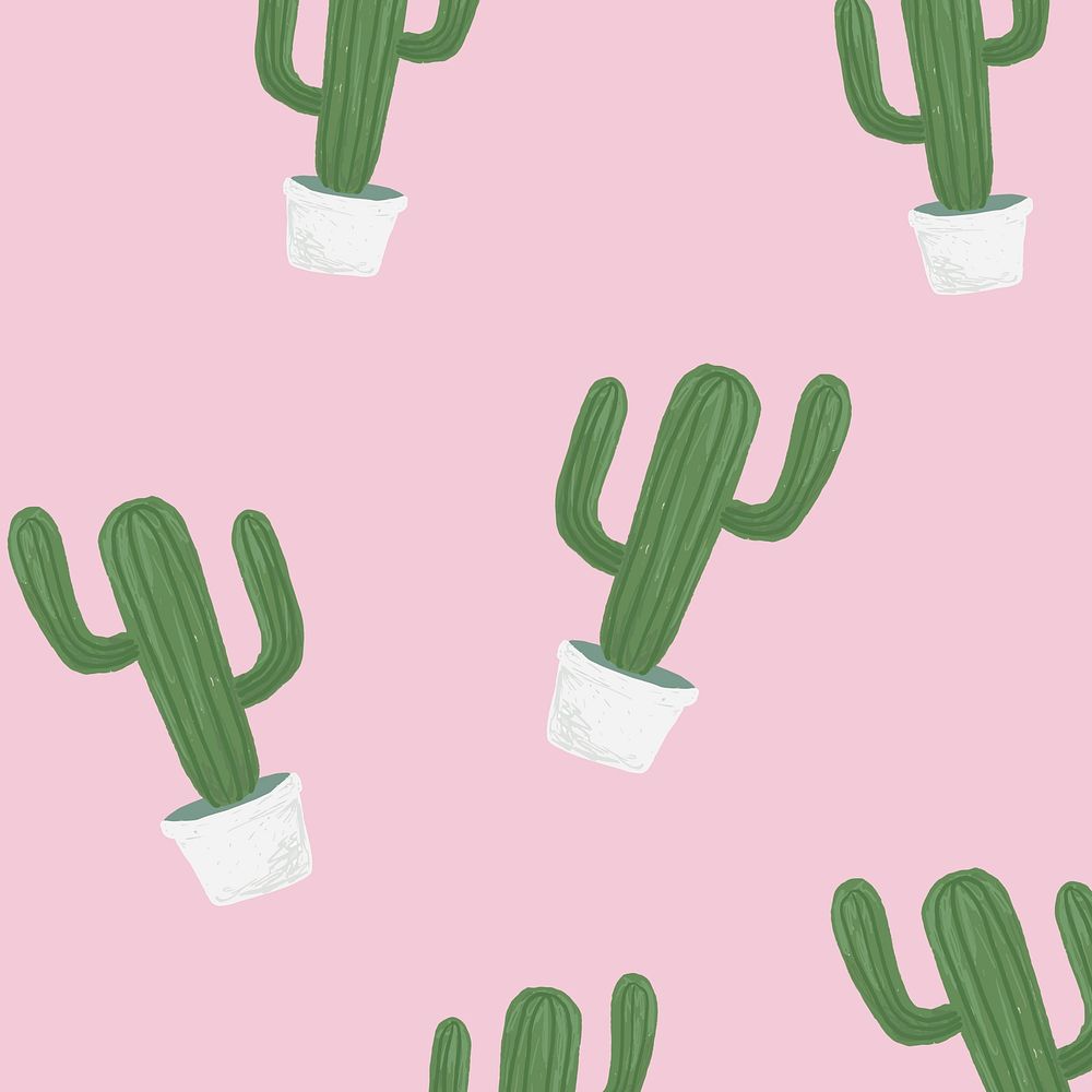 Cactus pot patterned background psd in pink cute hand drawn style