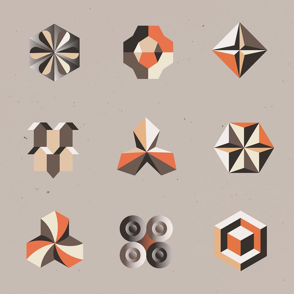 3D geometric shapes psd in orange abstract style set