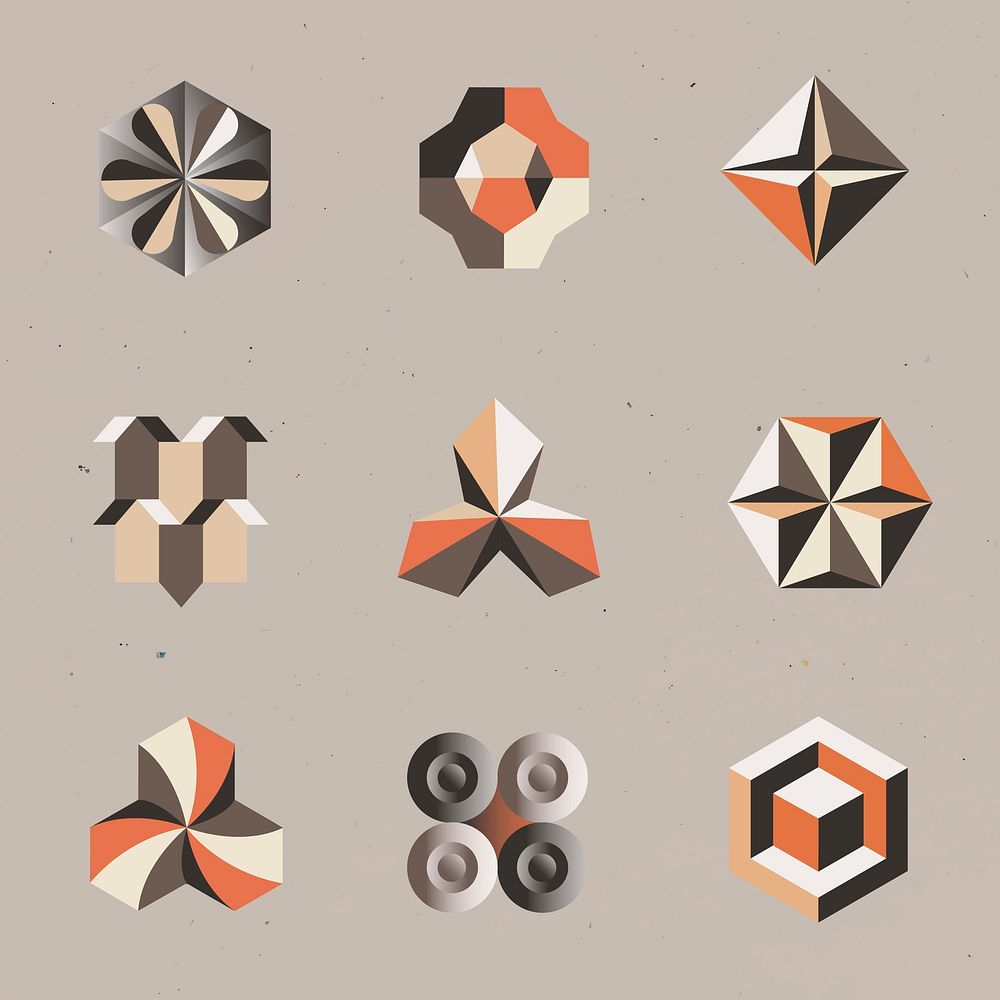 3D geometric shapes vector in orange abstract style set