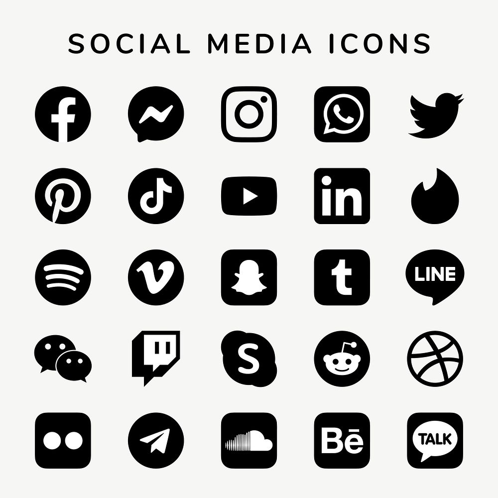 Social media icons vector set with Facebook, Instagram, Twitter, TikTok, YouTube logos