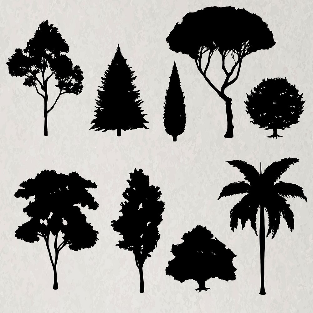 Black tree element vector set ink drawing