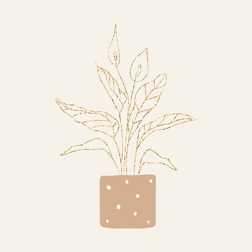Potted houseplant in glitter gold doodle