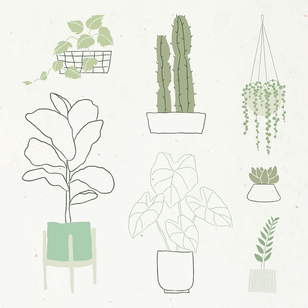 Simple green houseplant doodle psd set