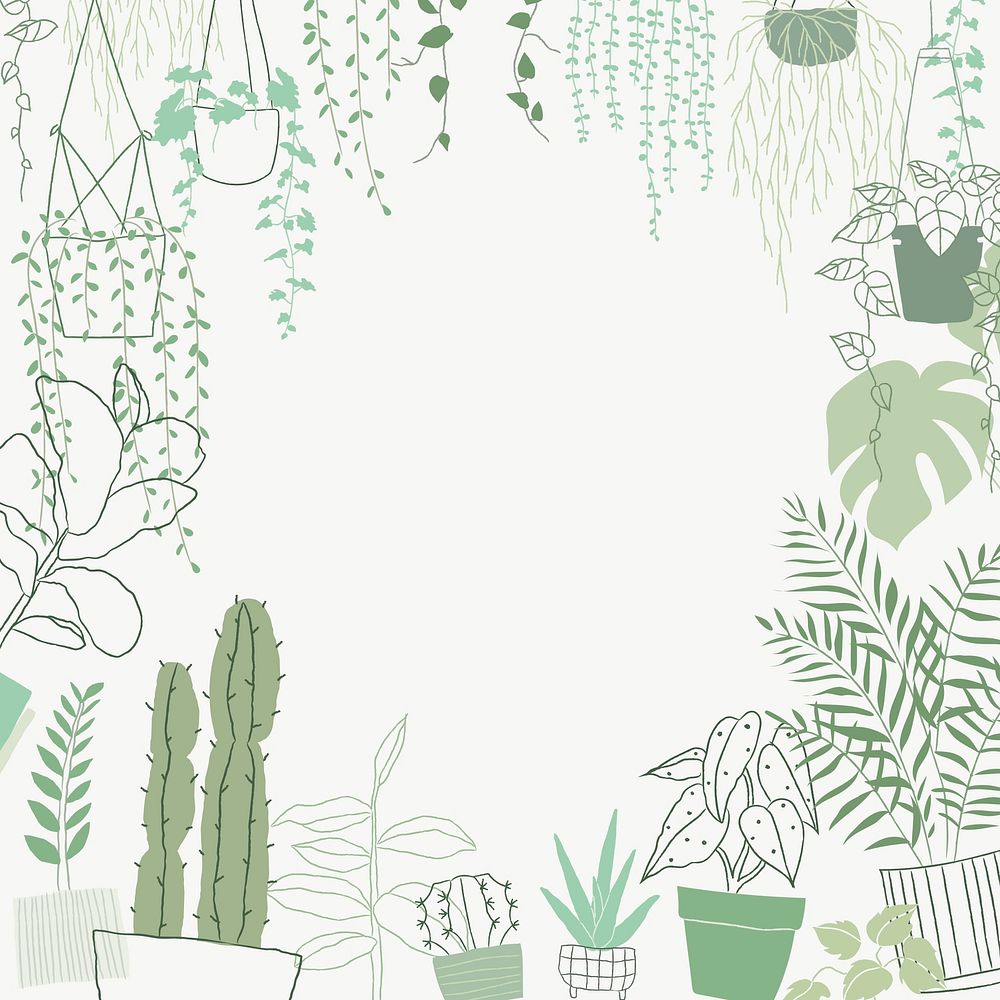 Green houseplant psd frame hand drawn doodle