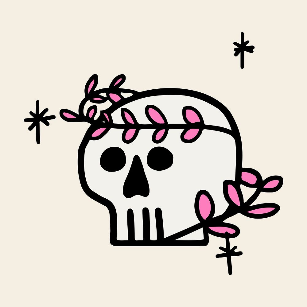Halloween vector sticker, skull spooky hand drawn cartoon