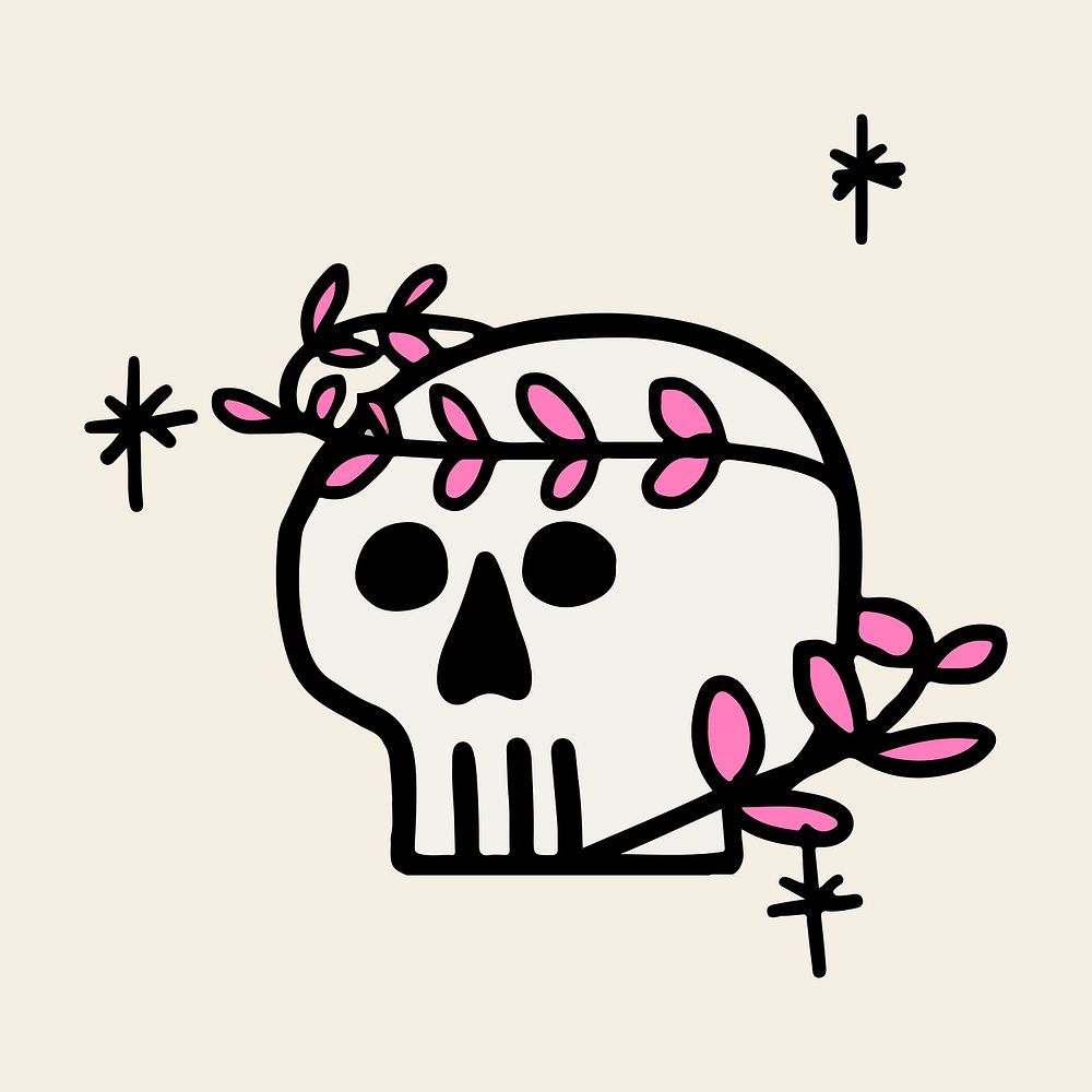 Halloween PSD sticker, skull spooky hand drawn cartoon