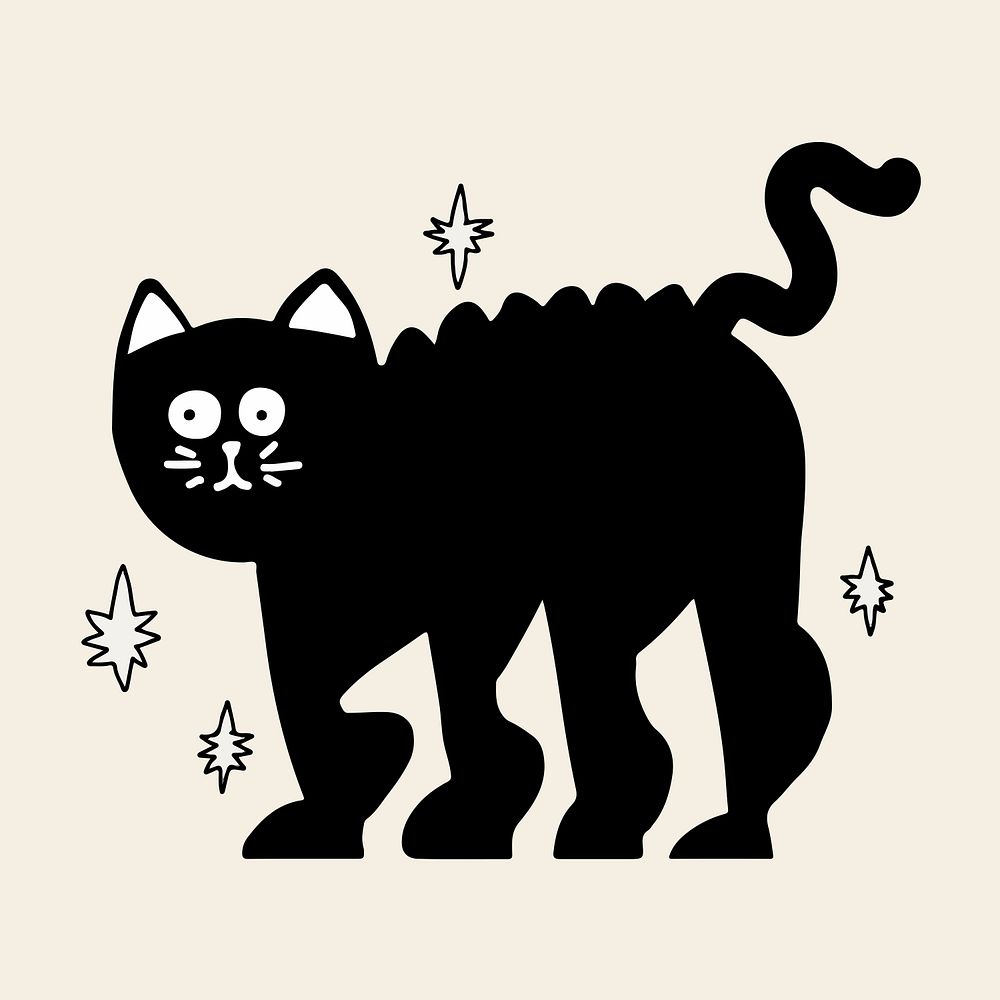Black cat PSD halloween sticker, hand drawn doodle