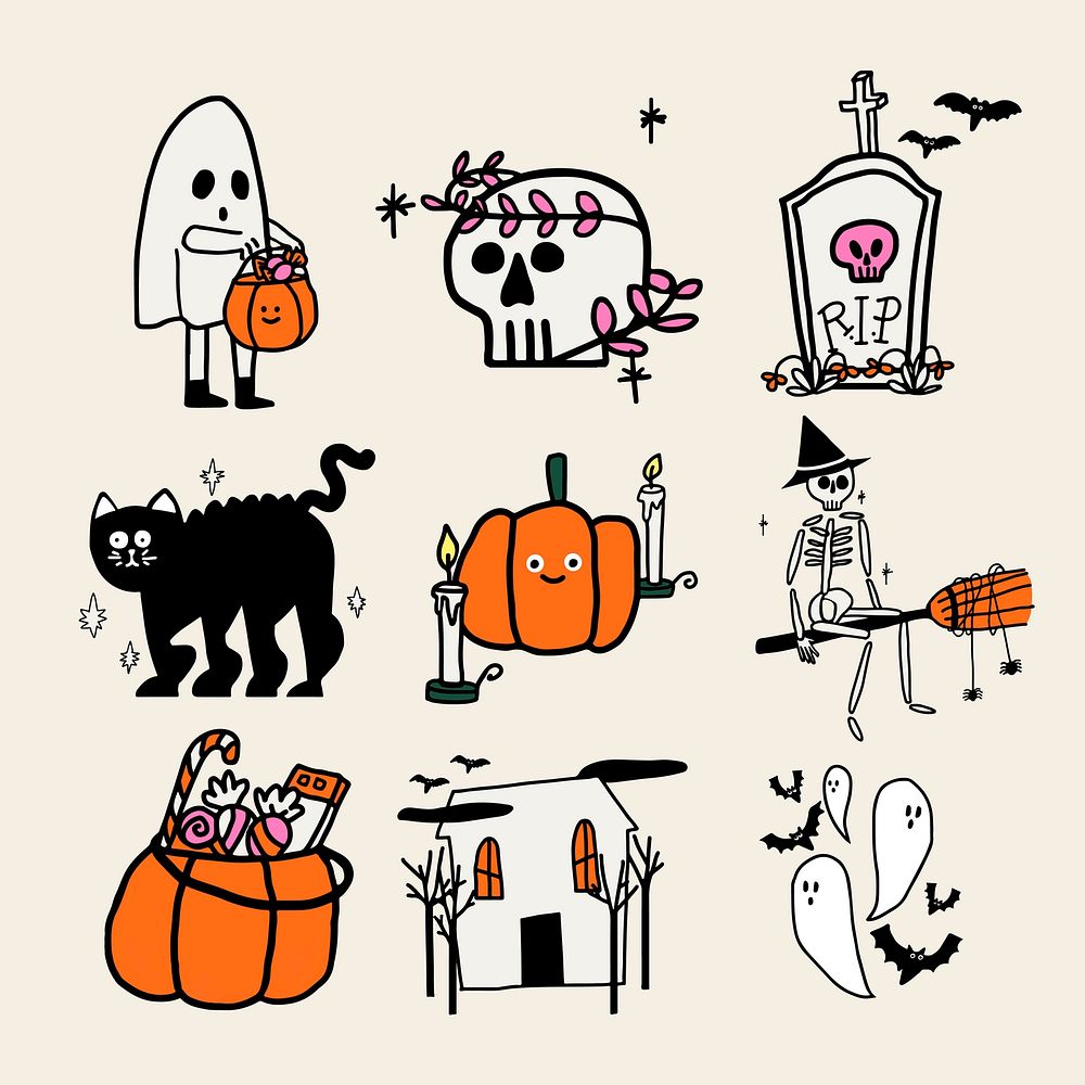Halloween vector sticker set in cute doodle style
