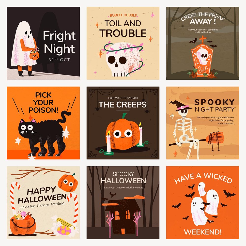 Social media post template vector, Halloween illustration set