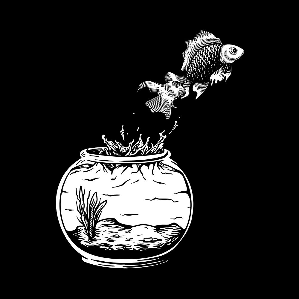 Pet fish jumping out of the fish tank risk and freedom concept