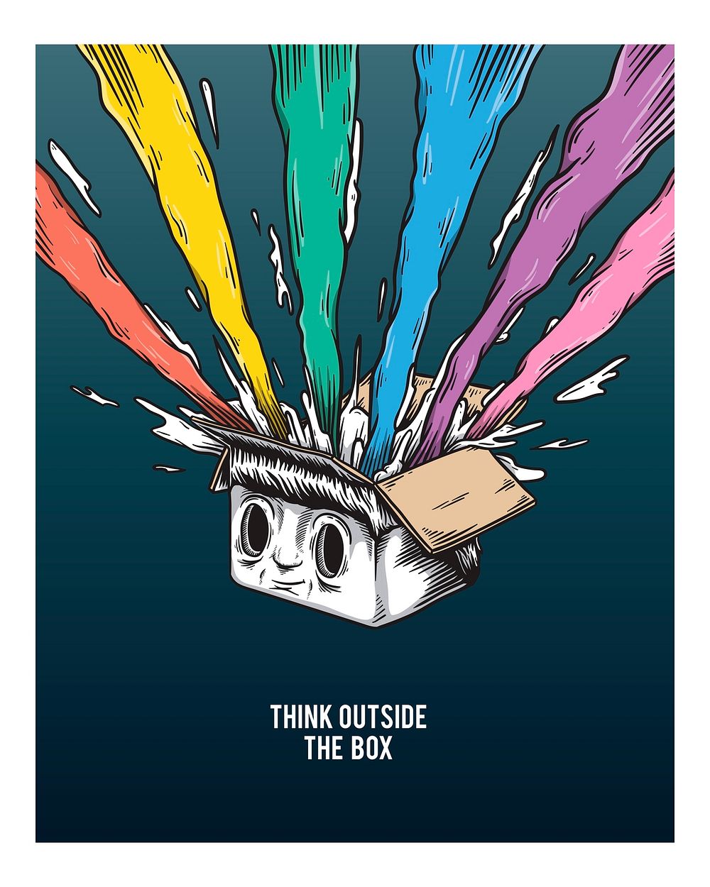 Colorful think outside the box illustration wall art print and poster.