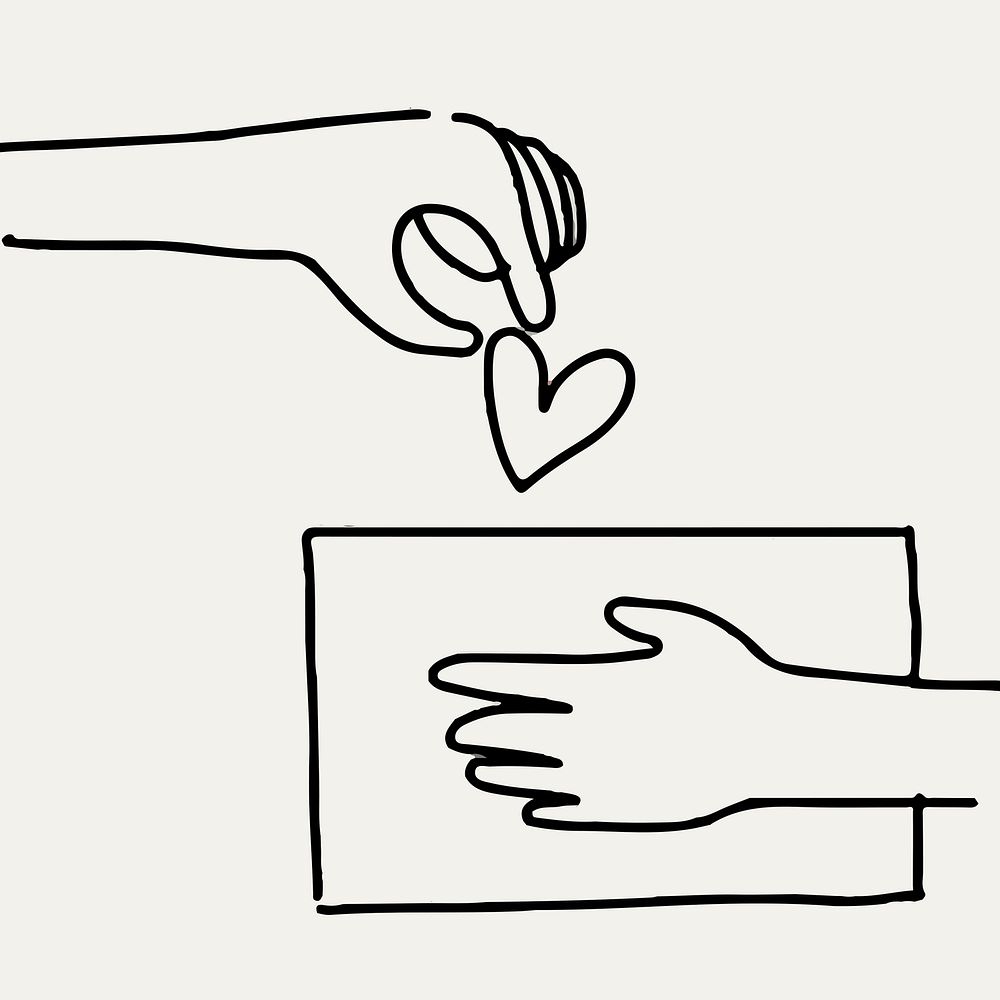 Charity doodle psd hand giving heart/money, donation concept