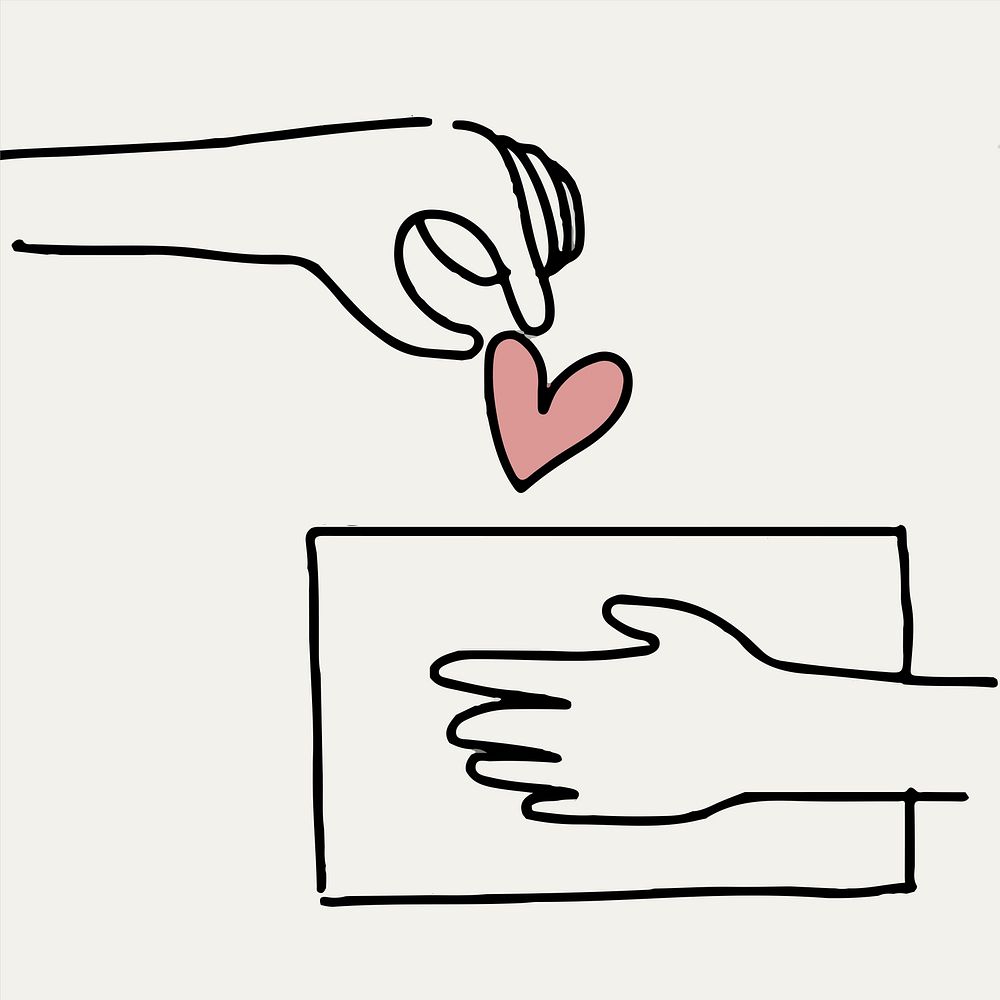 Charity doodle psd hand giving heart/money, donation concept