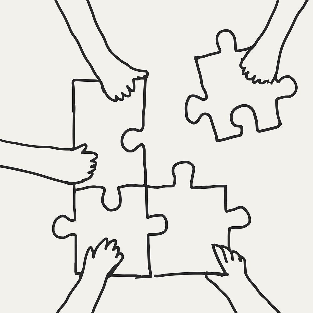 Teamwork doodle psd hands connecting puzzle jigsaw
