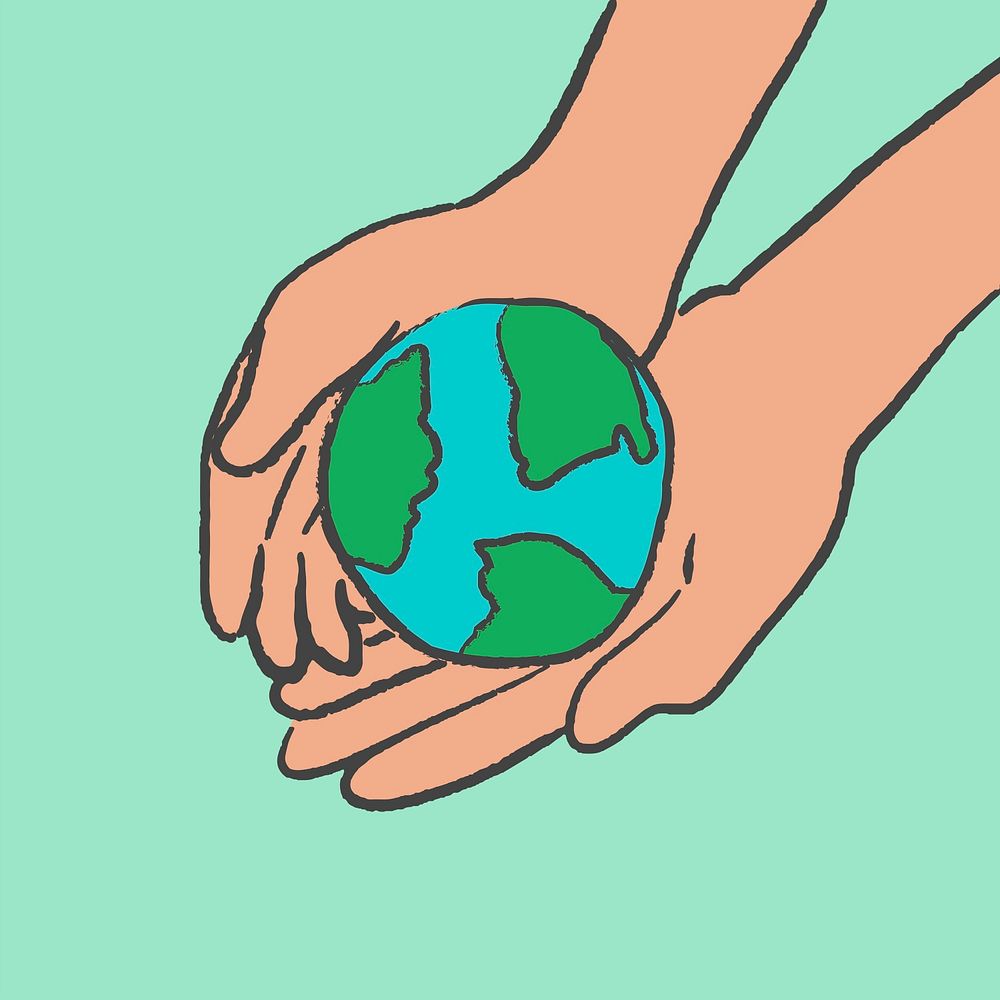 Environment doodle psd, with hand holding globe