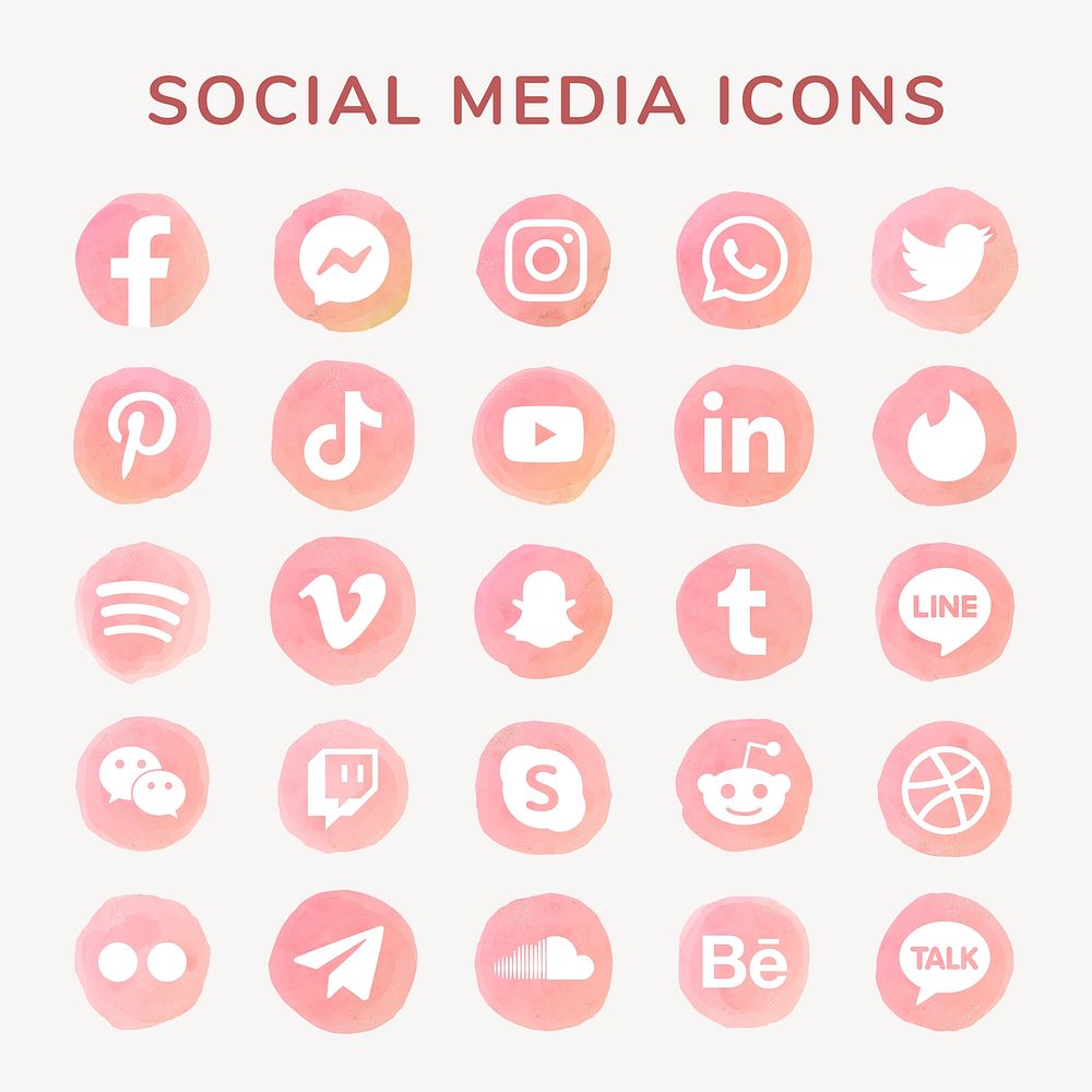 Popular social media icons psd set watercolor with Facebook, Instagram, Twitter, TikTok, YouTube etc