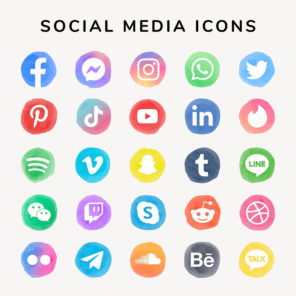 Social media icons vector set watercolor with Facebook, Instagram, Twitter, TikTok, YouTube etc