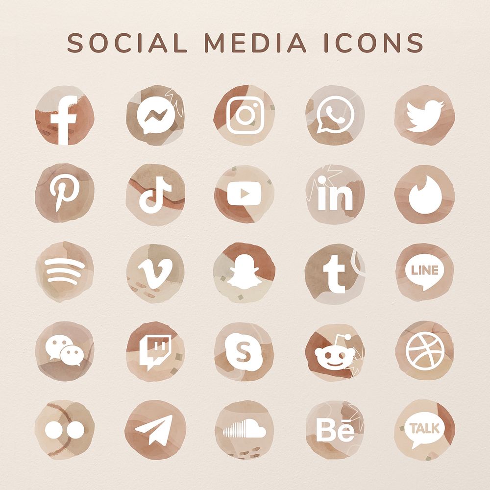 Social media icons psd set watercolor with Facebook, Instagram, Twitter, TikTok, YouTube etc