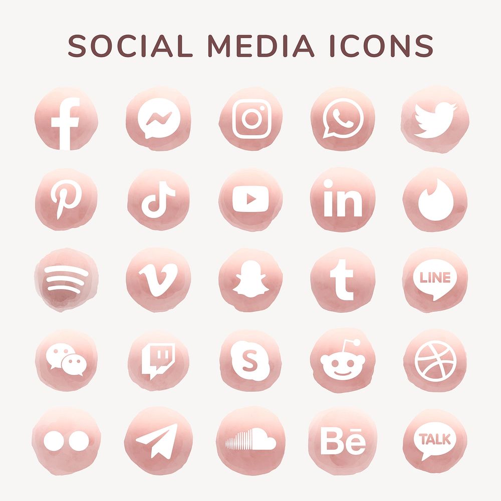 Social media icons vector set watercolor with Facebook, Instagram, Twitter, TikTok, YouTube etc