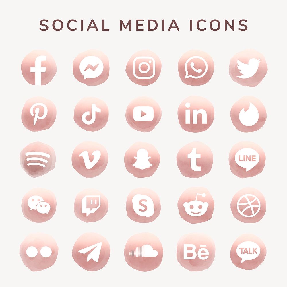 Social media icons psd set watercolor with Facebook, Instagram, Twitter, TikTok, YouTube etc