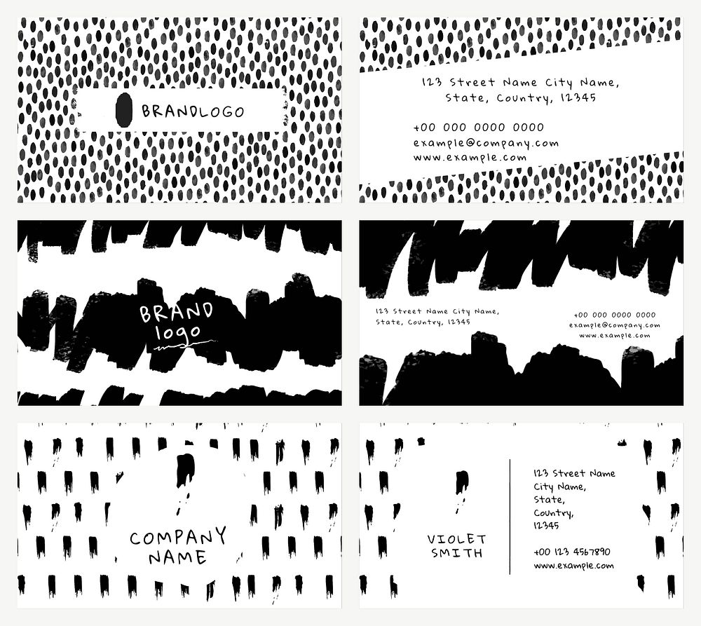 Business card editable template vector with ink brush pattern set